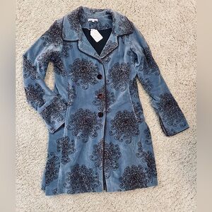 Puxa Vida Smokey blue sueded brocade velvet with brown trim long jacketed sz 4